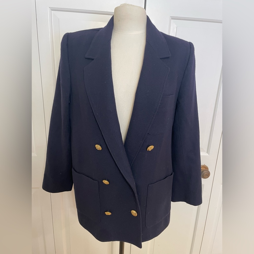 Vintage 100% Wool Navy Blue Double Breasted Blazer Gold Buttons 10